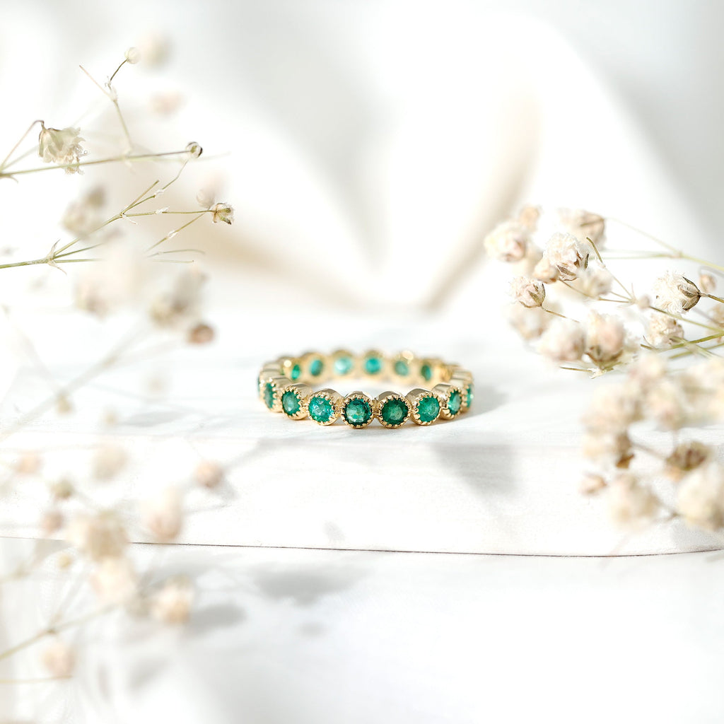Emerald Eternity Band – Milgrain Bezel Setting with Round AAA Quality Emeralds