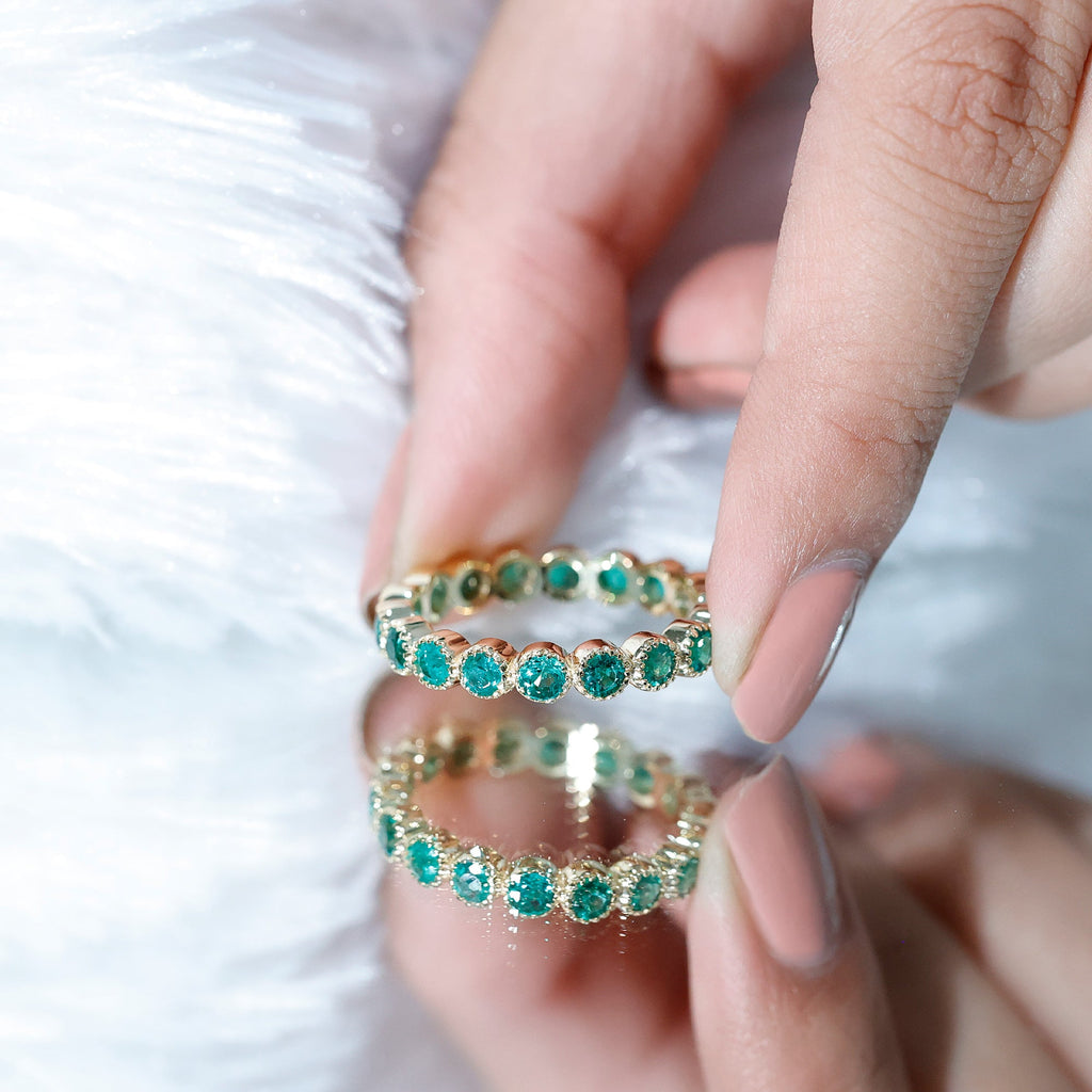 Emerald Eternity Band – Milgrain Bezel Setting with Round AAA Quality Emeralds