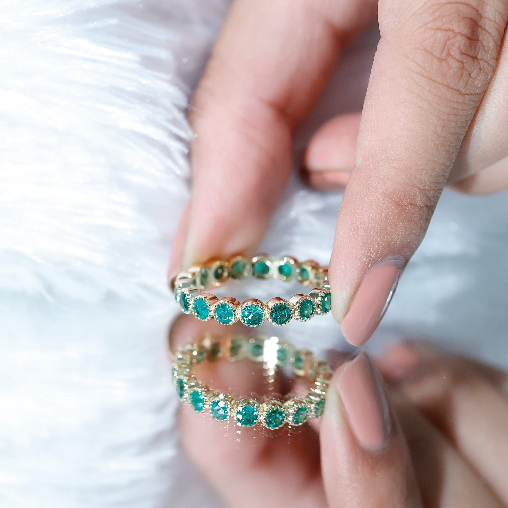 Emerald Eternity Band – Milgrain Bezel Setting with Round AAA Quality Emeralds