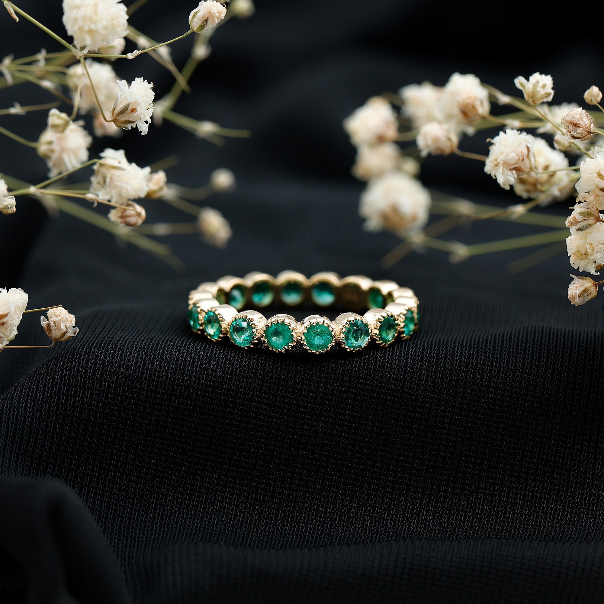 Emerald Eternity Band – Milgrain Bezel Setting with Round AAA Quality Emeralds