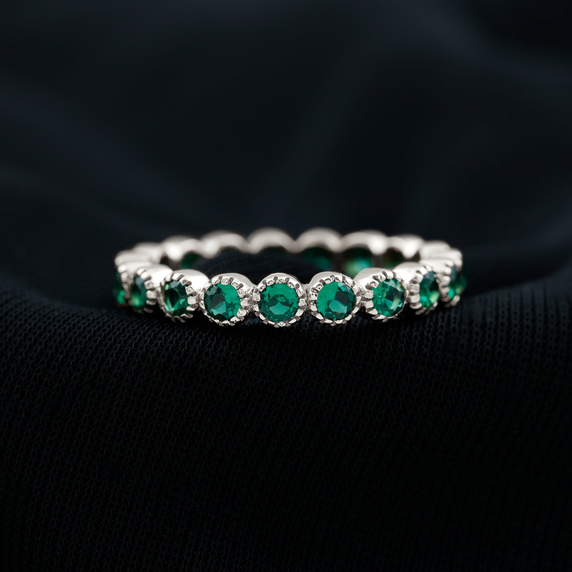 Emerald Eternity Ring – Lab Created Emerald Full Eternity Band in Bezel Setting