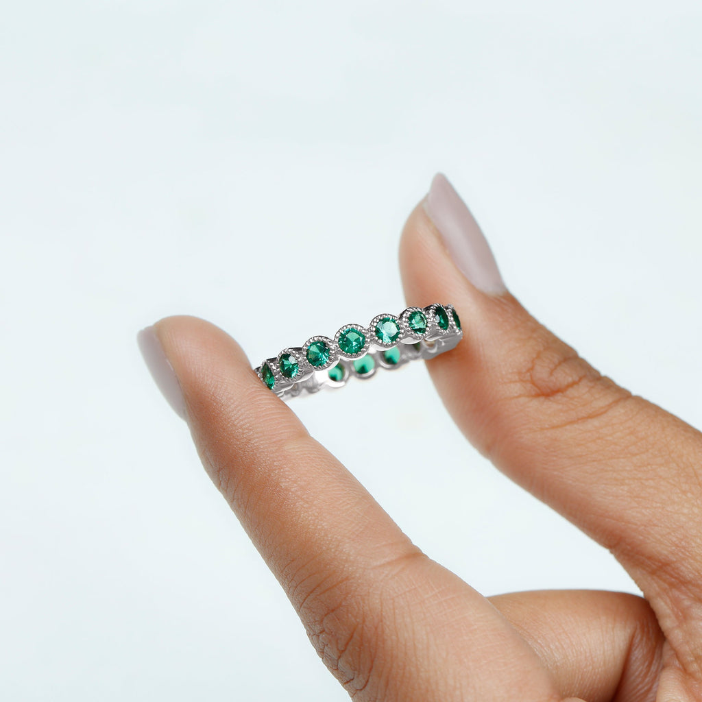 Emerald Eternity Ring – Lab Created Emerald Full Eternity Band in Bezel Setting