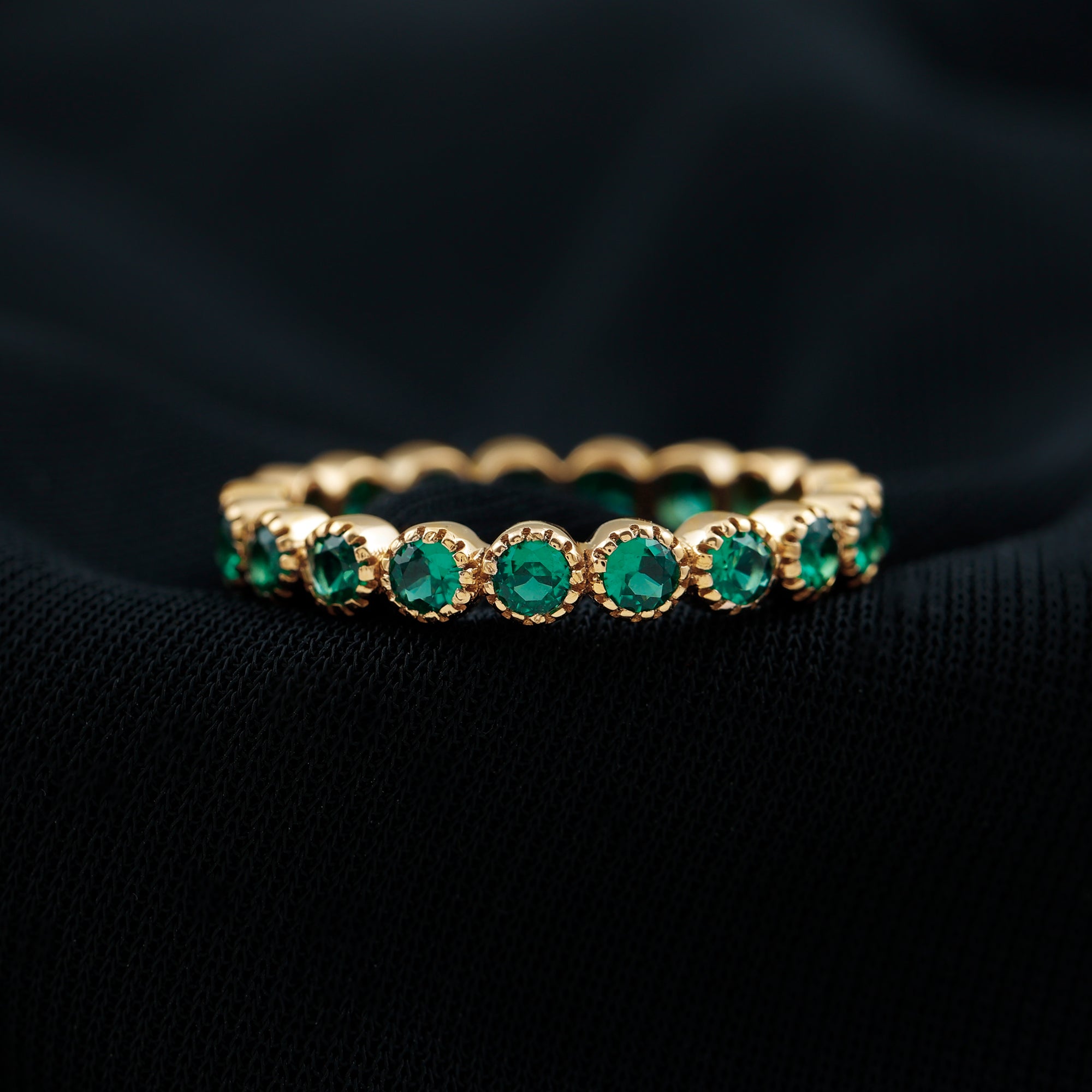 Emerald Eternity Ring – Lab Created Emerald Full Eternity Band in Bezel Setting