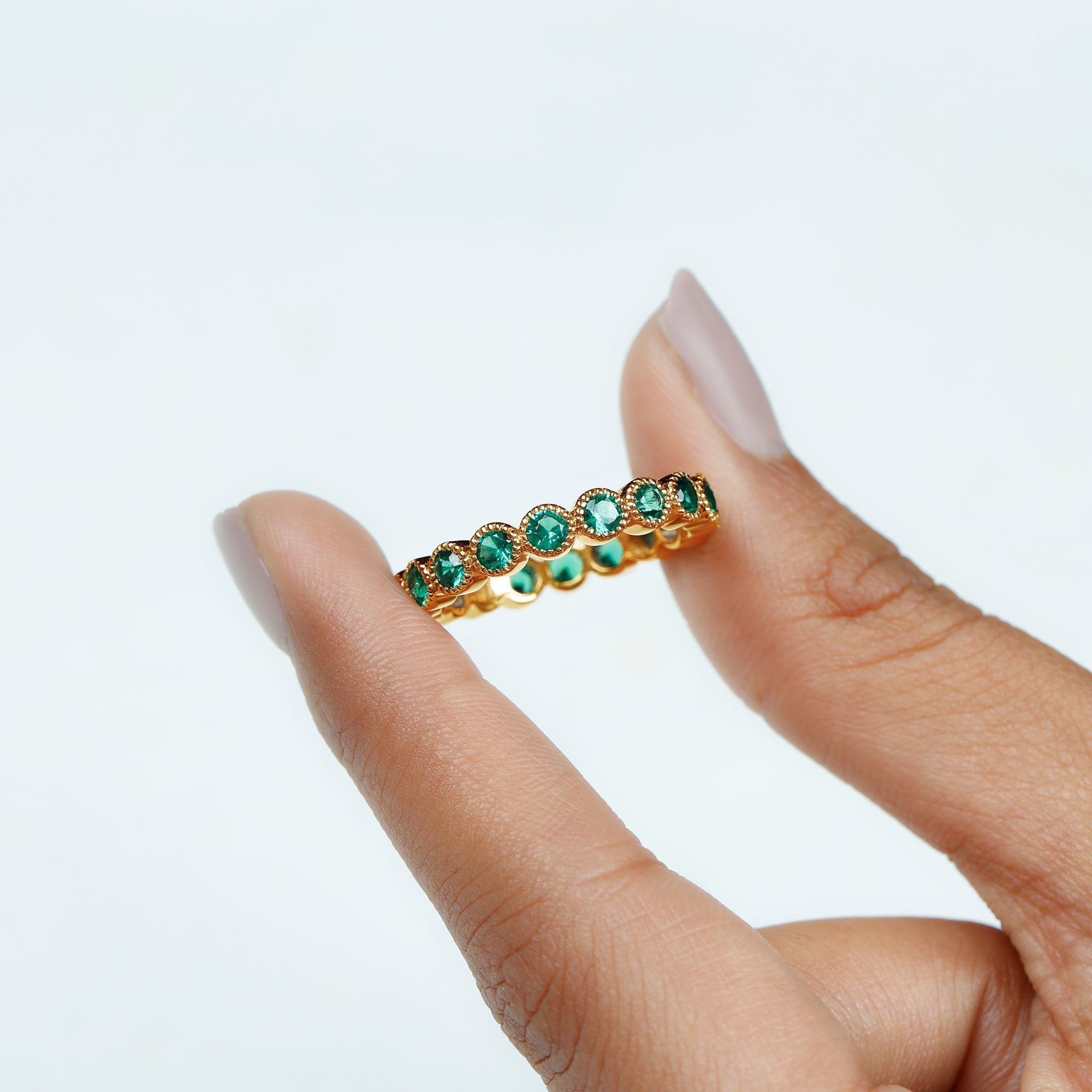 Emerald Eternity Ring – Lab Created Emerald Full Eternity Band in Bezel Setting