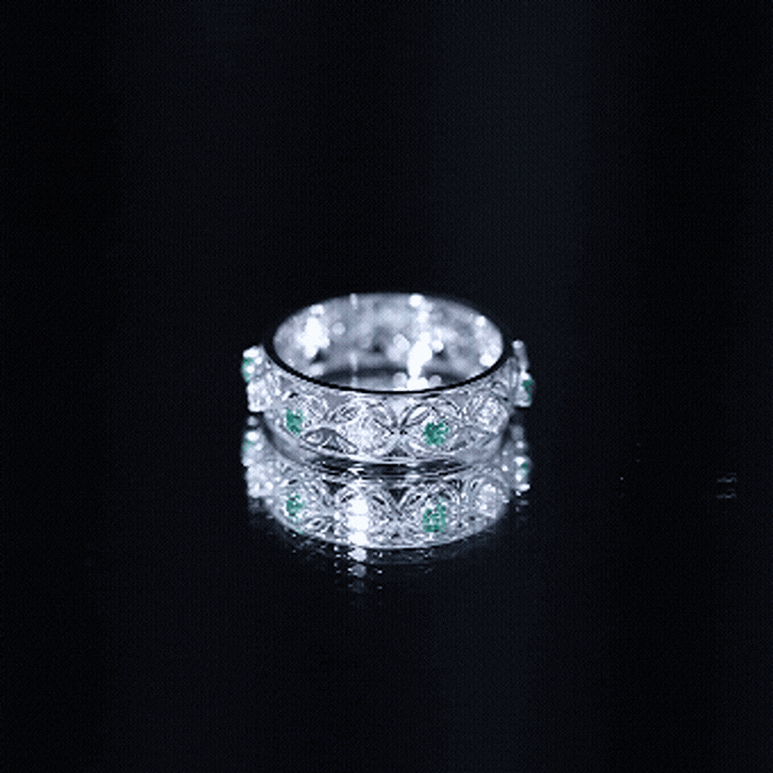Emerald Diamond Wedding Band – Vintage Celtic Band Ring with Lab Created Emerald & Diamonds