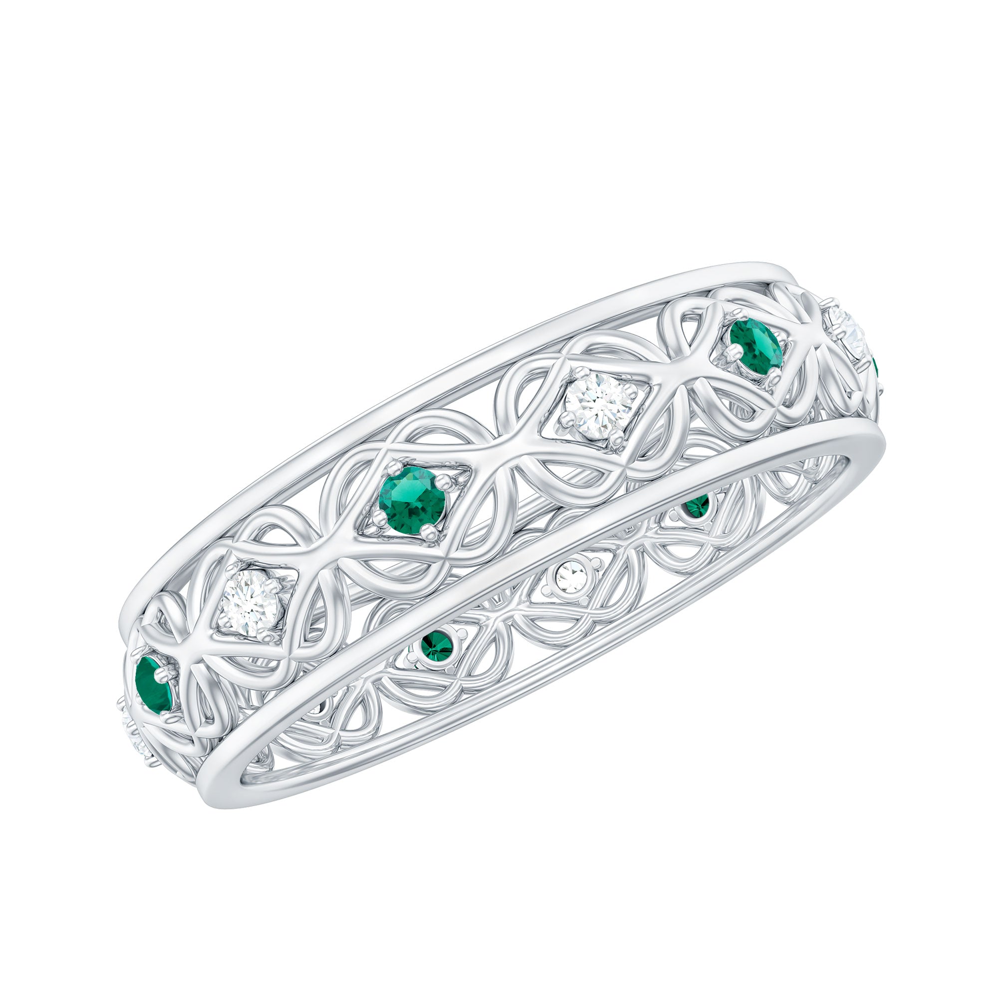 Emerald Diamond Wedding Band – Vintage Celtic Band Ring with Lab Created Emerald & Diamonds