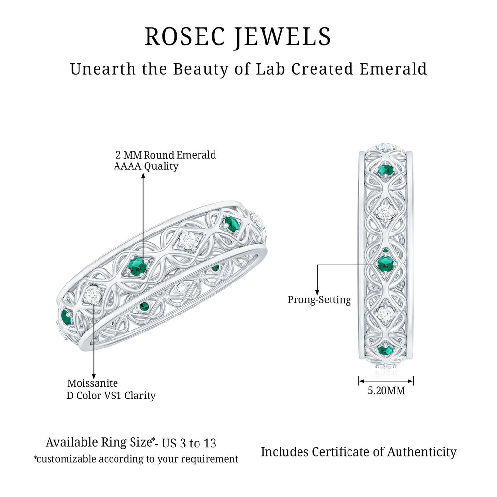 Emerald Diamond Wedding Band – Vintage Celtic Band Ring with Lab Created Emerald & Diamonds