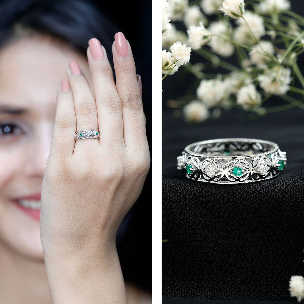 Emerald Diamond Wedding Band – Vintage Celtic Band Ring with Lab Created Emerald & Diamonds