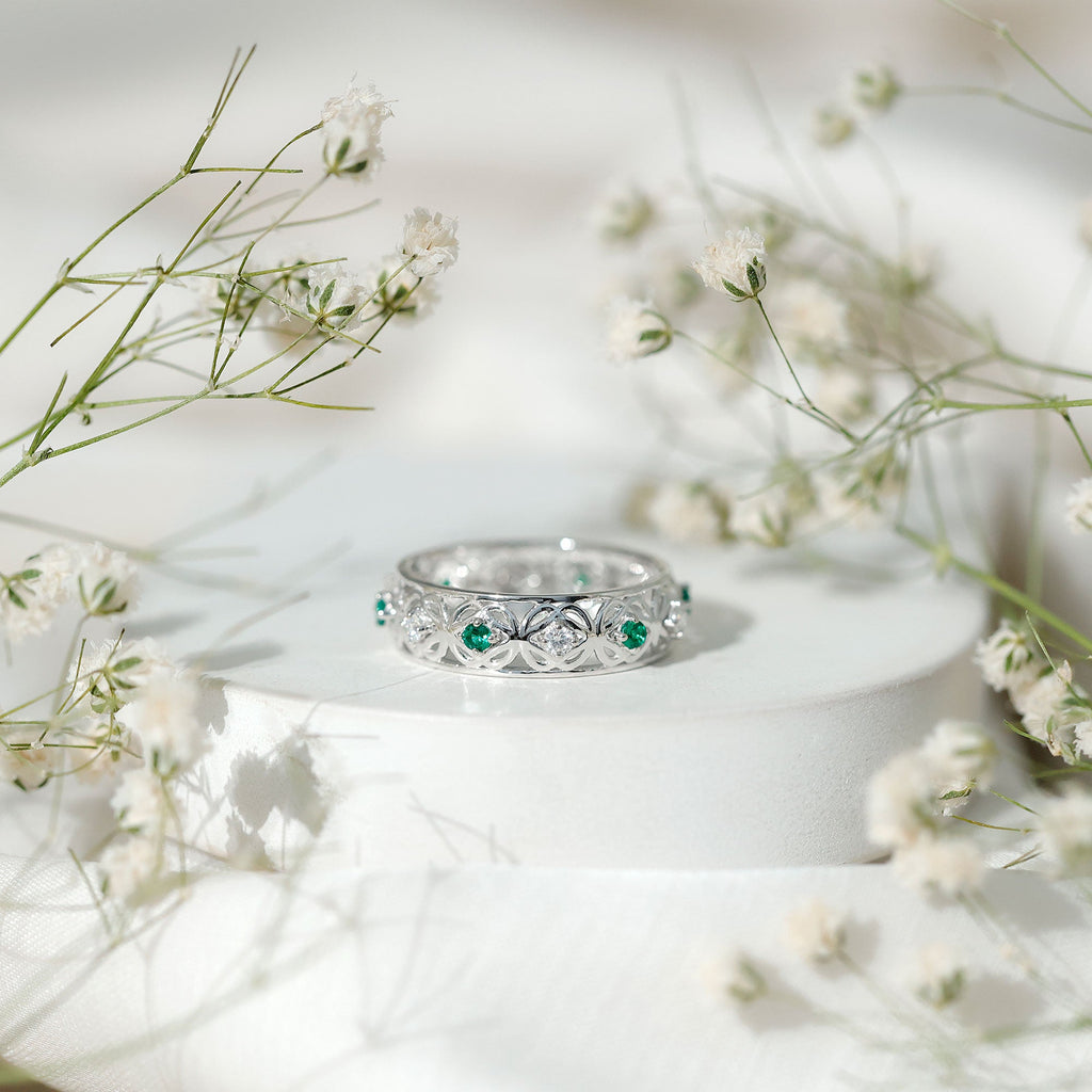 Emerald Diamond Wedding Band – Vintage Celtic Band Ring with Lab Created Emerald & Diamonds