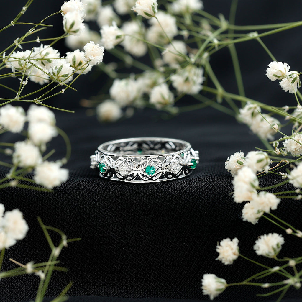 Emerald Diamond Wedding Band – Vintage Celtic Band Ring with Lab Created Emerald & Diamonds