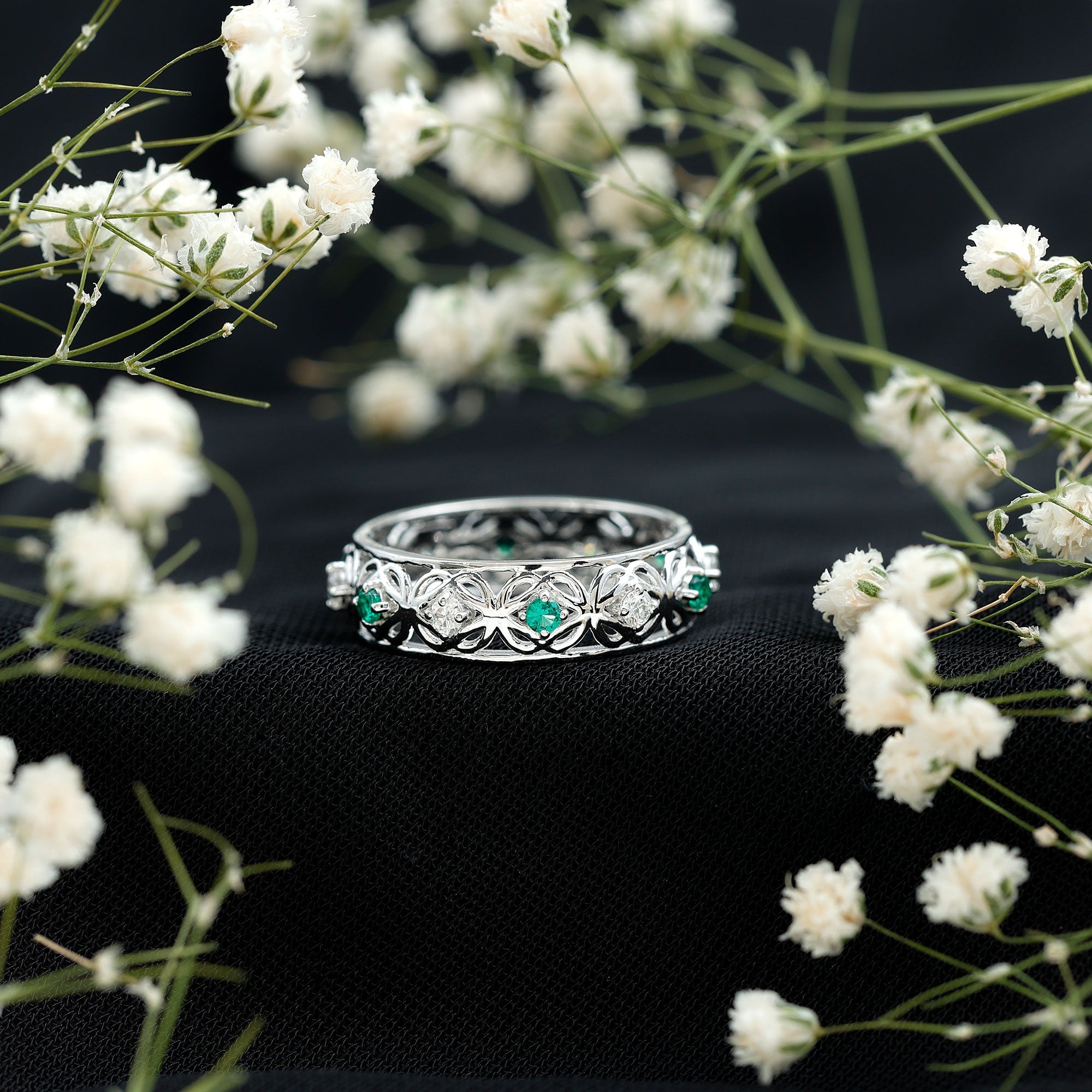 Emerald Diamond Wedding Band – Vintage Celtic Band Ring with Lab Created Emerald & Diamonds