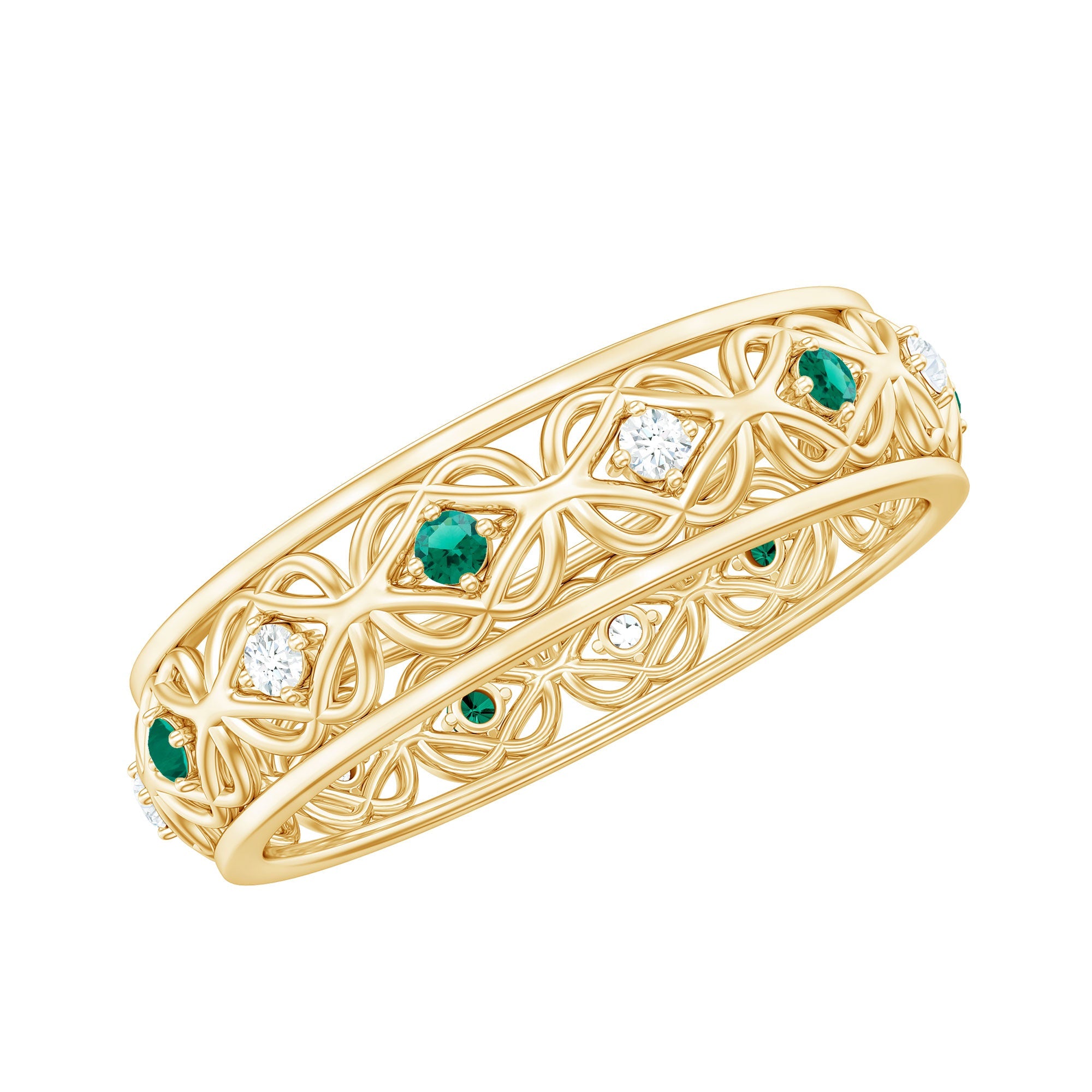 Emerald Diamond Wedding Band – Vintage Celtic Band Ring with Lab Created Emerald & Diamonds