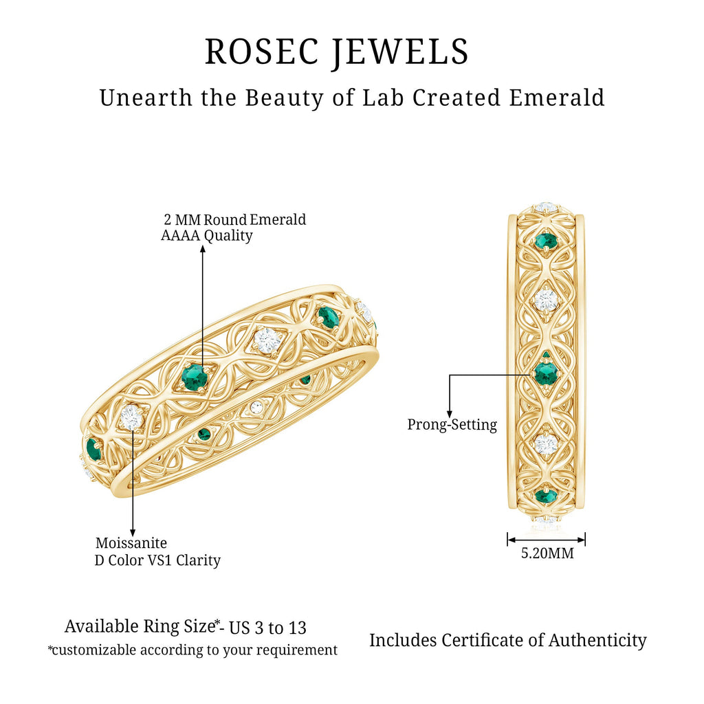Emerald Diamond Wedding Band – Vintage Celtic Band Ring with Lab Created Emerald & Diamonds
