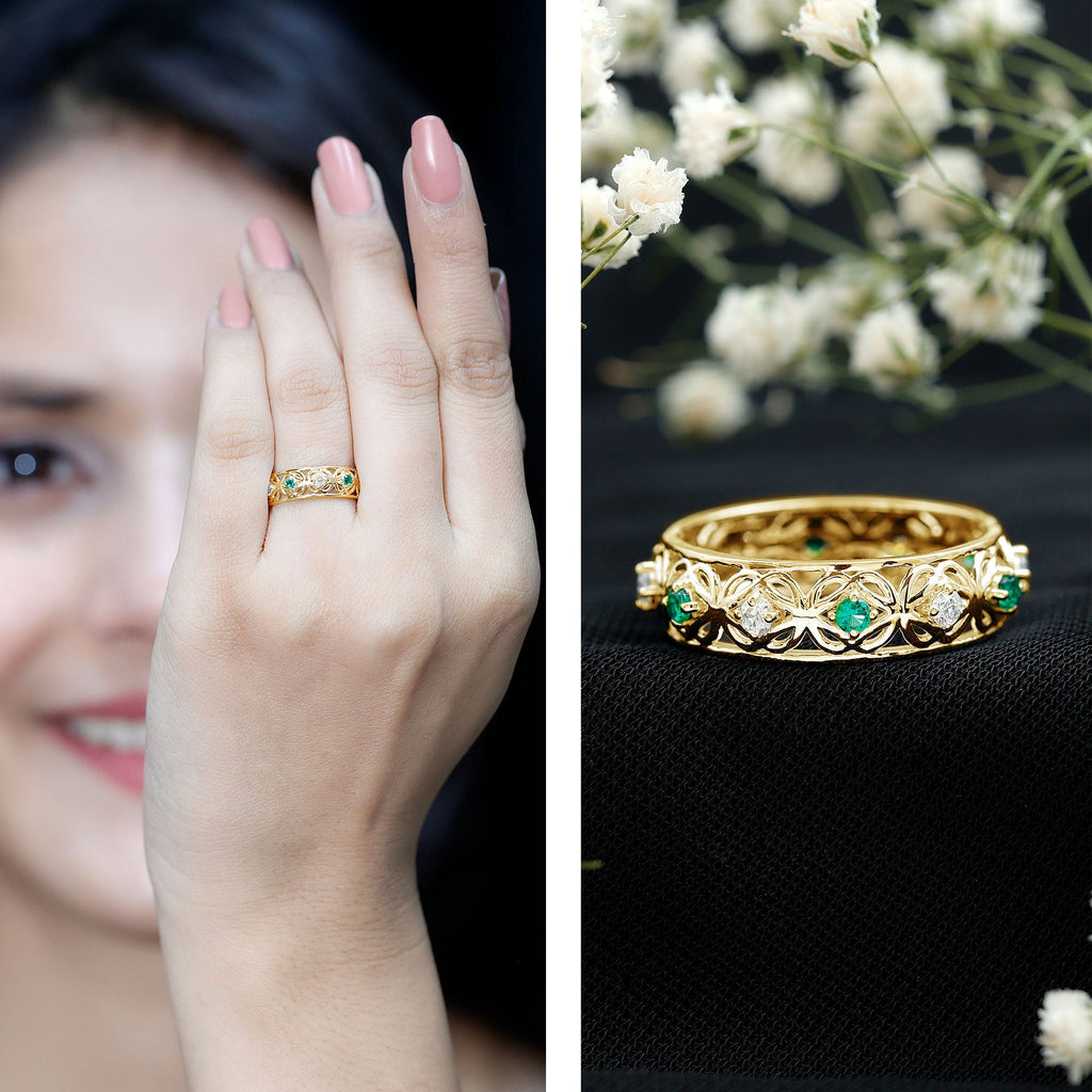 Emerald Diamond Wedding Band – Vintage Celtic Band Ring with Lab Created Emerald & Diamonds