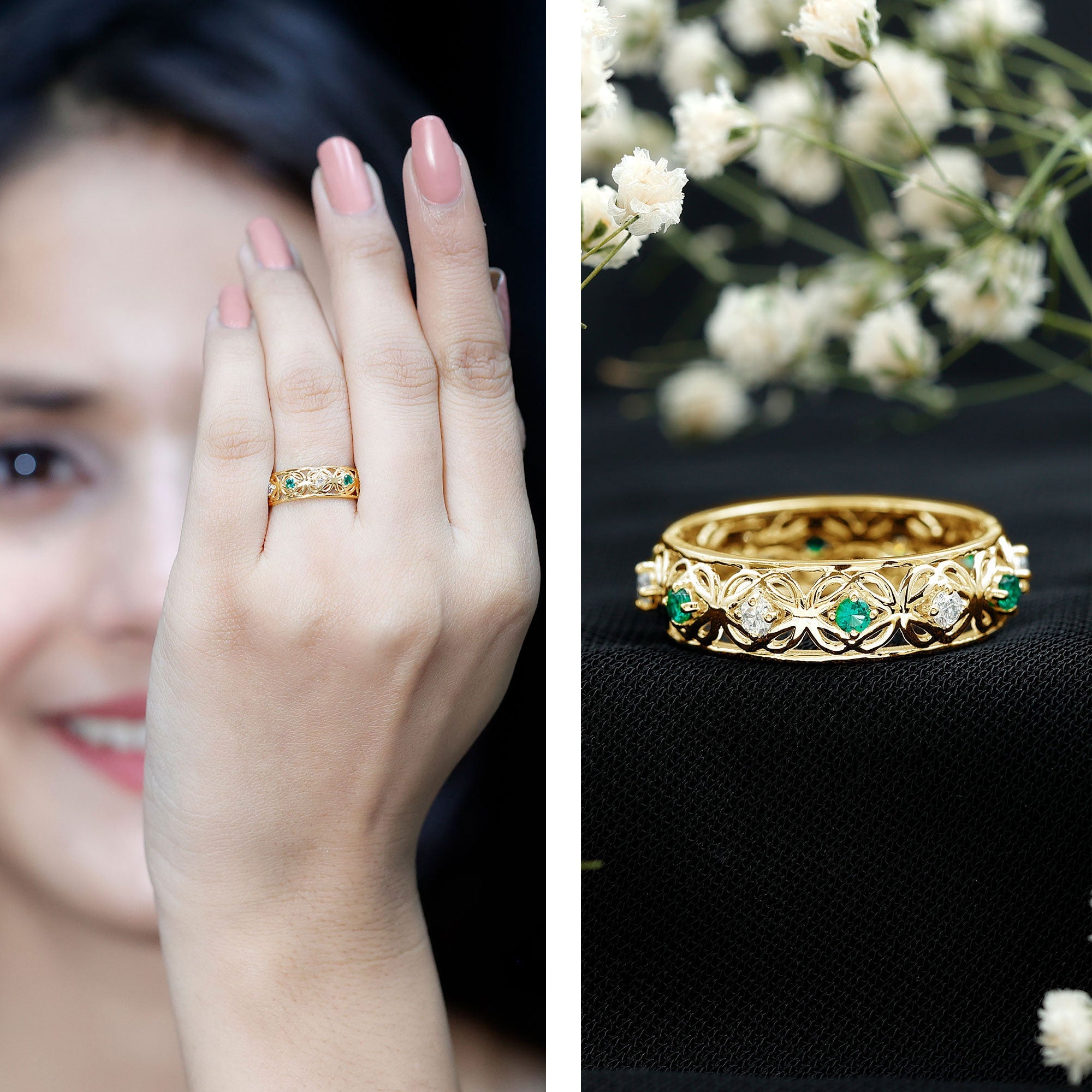Emerald Diamond Wedding Band – Vintage Celtic Band Ring with Lab Created Emerald & Diamonds