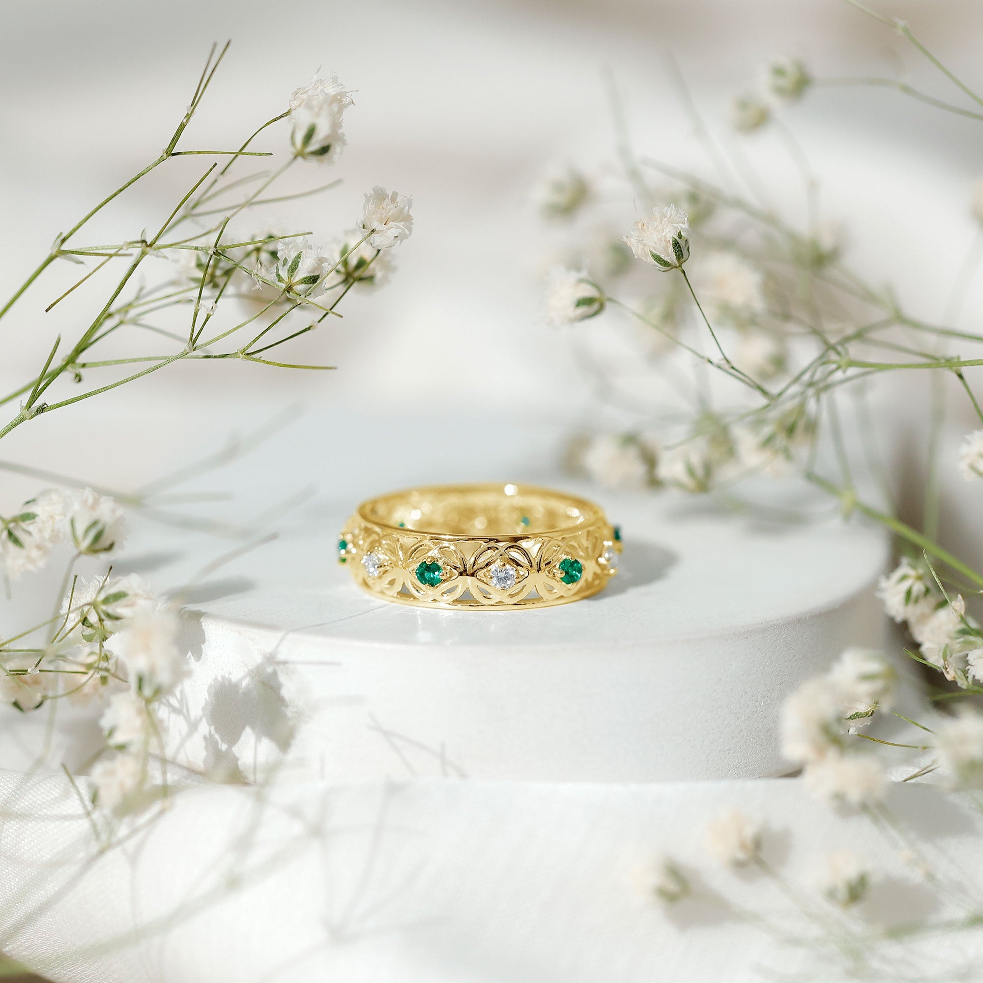 Emerald Diamond Wedding Band – Vintage Celtic Band Ring with Lab Created Emerald & Diamonds