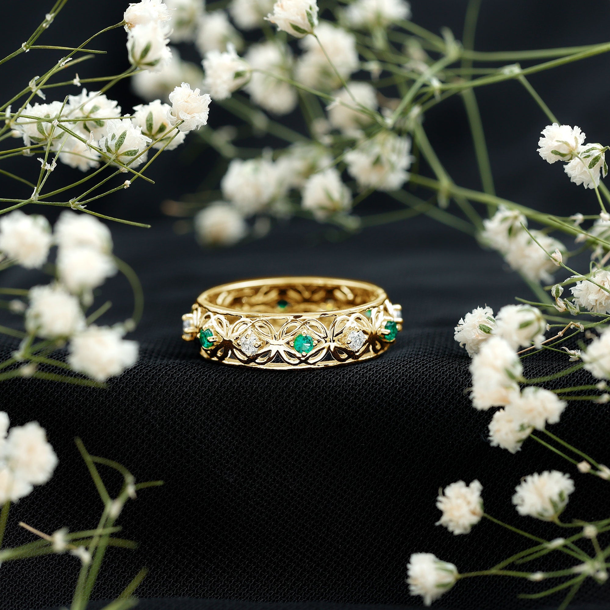 Emerald Diamond Wedding Band – Vintage Celtic Band Ring with Lab Created Emerald & Diamonds