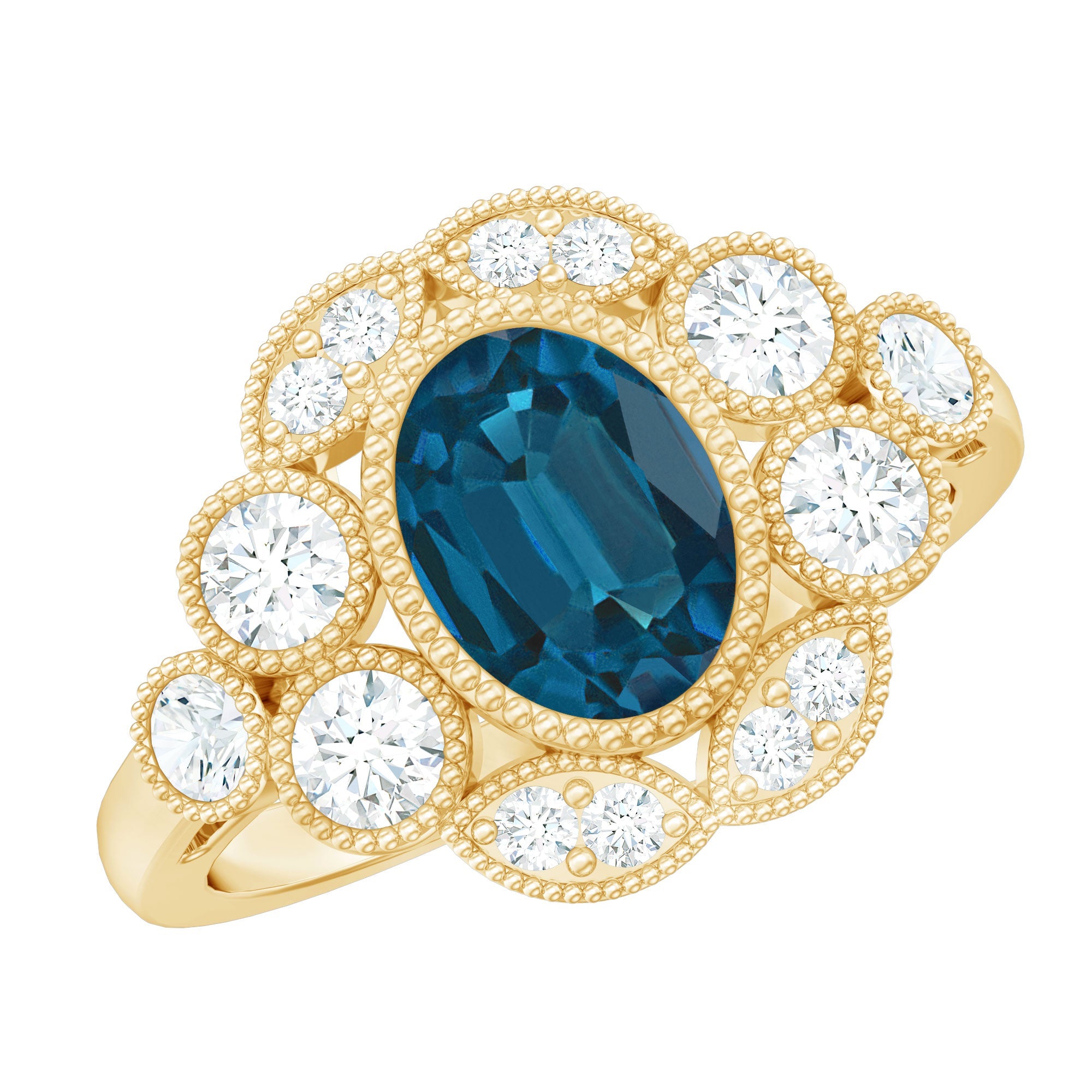 Real Oval London Blue Topaz Vintage Engagement Ring with Diamond