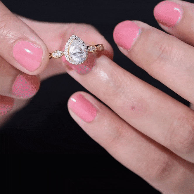 Moissanite Teardrop Ring - 6x8 MM Pear Shape Halo Engagement Band with Scalloped Shank