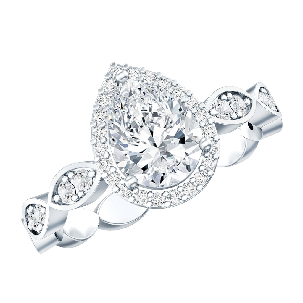 Moissanite Teardrop Ring - 6x8 MM Pear Shape Halo Engagement Band with Scalloped Shank