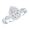 Moissanite Teardrop Ring - 6x8 MM Pear Shape Halo Engagement Band with Scalloped Shank