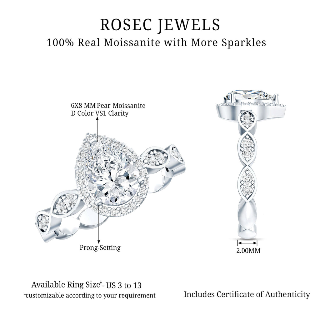 Moissanite Teardrop Ring - 6x8 MM Pear Shape Halo Engagement Band with Scalloped Shank