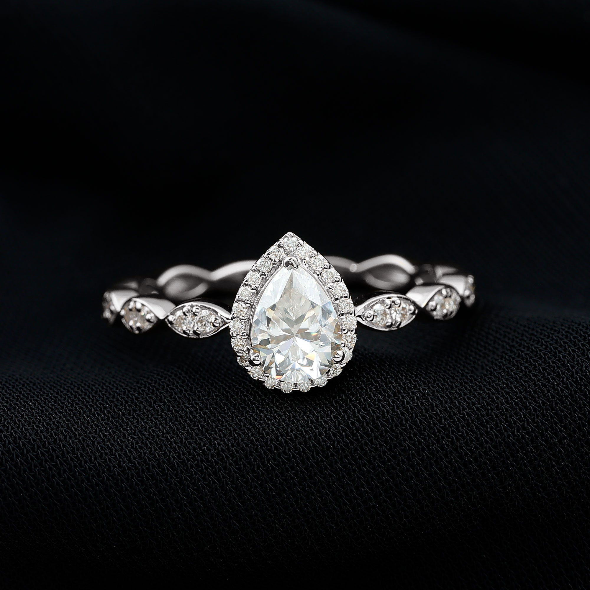 Moissanite Teardrop Ring - 6x8 MM Pear Shape Halo Engagement Band with Scalloped Shank