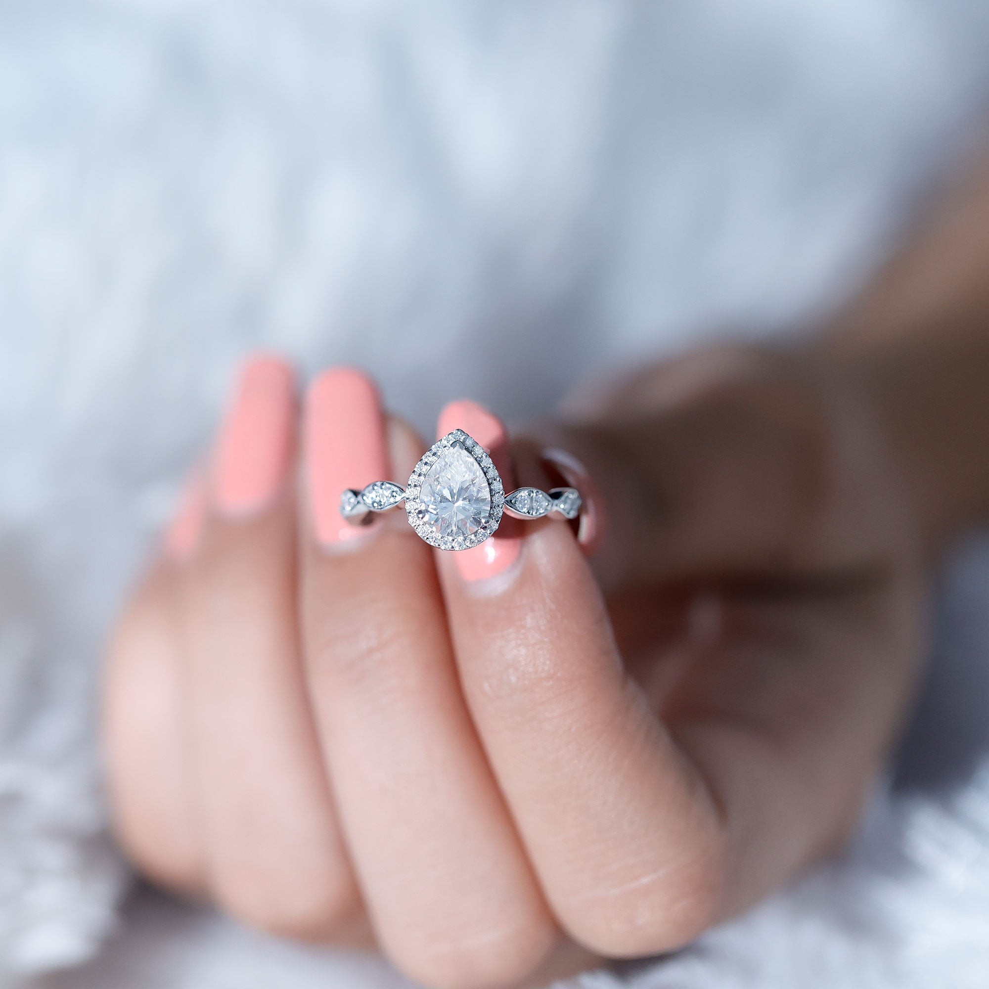 Moissanite Teardrop Ring - 6x8 MM Pear Shape Halo Engagement Band with Scalloped Shank