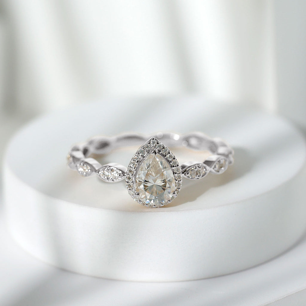 Moissanite Teardrop Ring - 6x8 MM Pear Shape Halo Engagement Band with Scalloped Shank