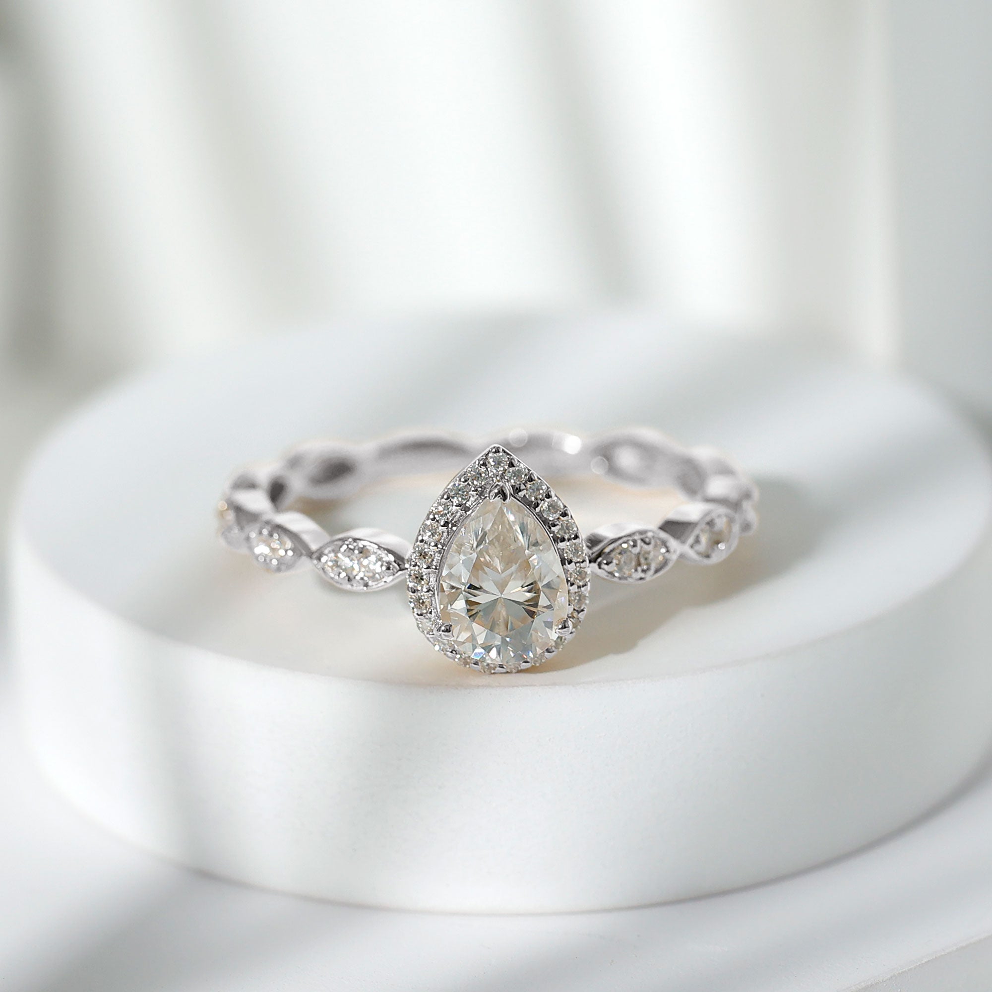 Moissanite Teardrop Ring - 6x8 MM Pear Shape Halo Engagement Band with Scalloped Shank
