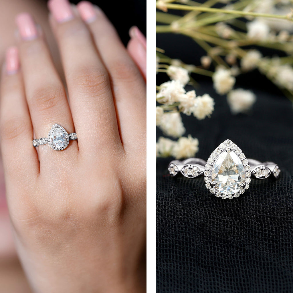 Moissanite Teardrop Ring - 6x8 MM Pear Shape Halo Engagement Band with Scalloped Shank
