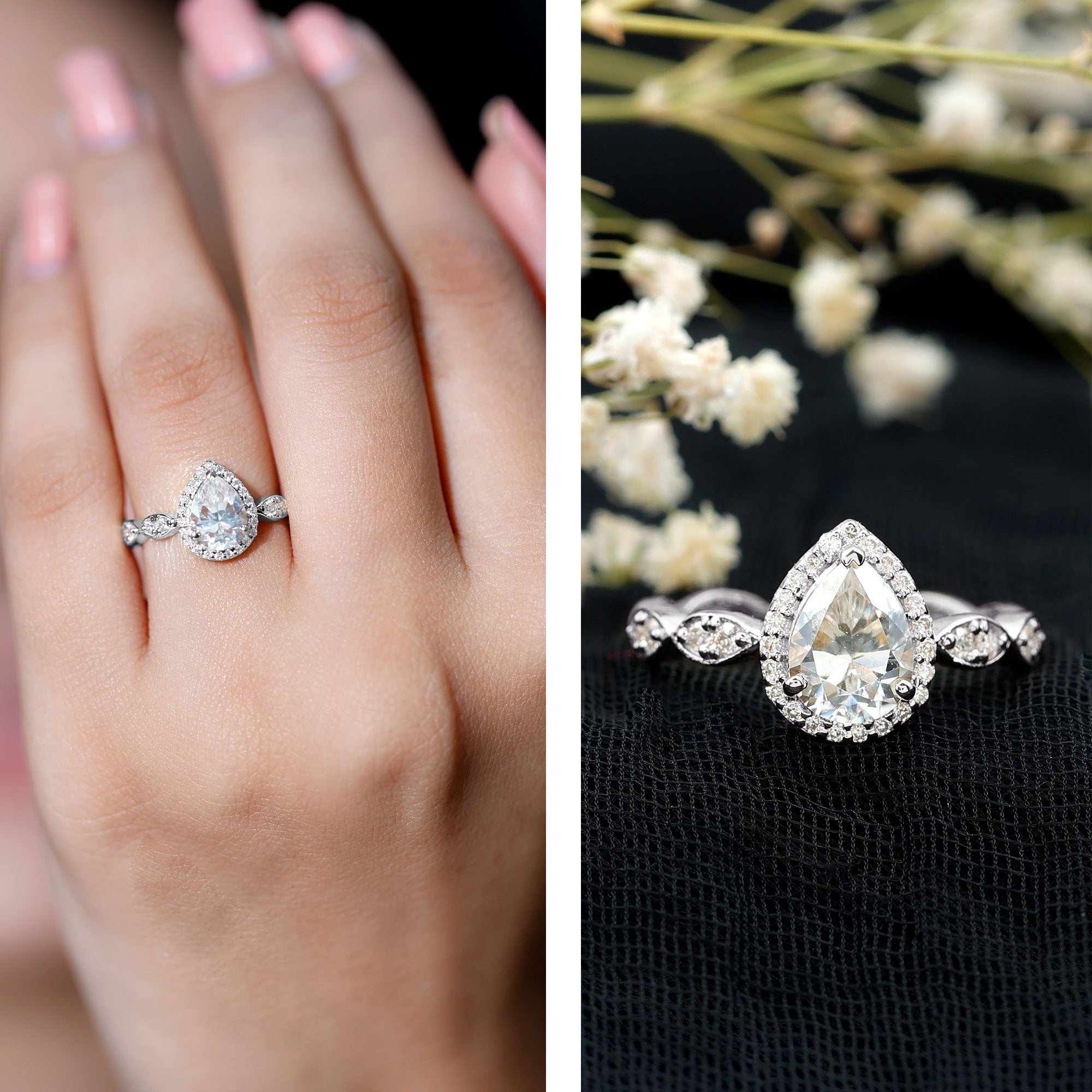 Moissanite Teardrop Ring - 6x8 MM Pear Shape Halo Engagement Band with Scalloped Shank