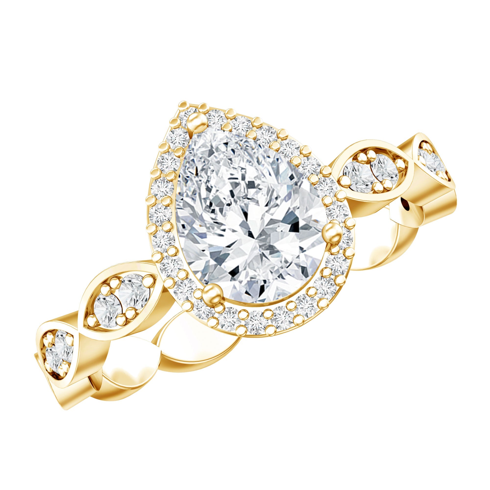 Moissanite Teardrop Ring - 6x8 MM Pear Shape Halo Engagement Band with Scalloped Shank