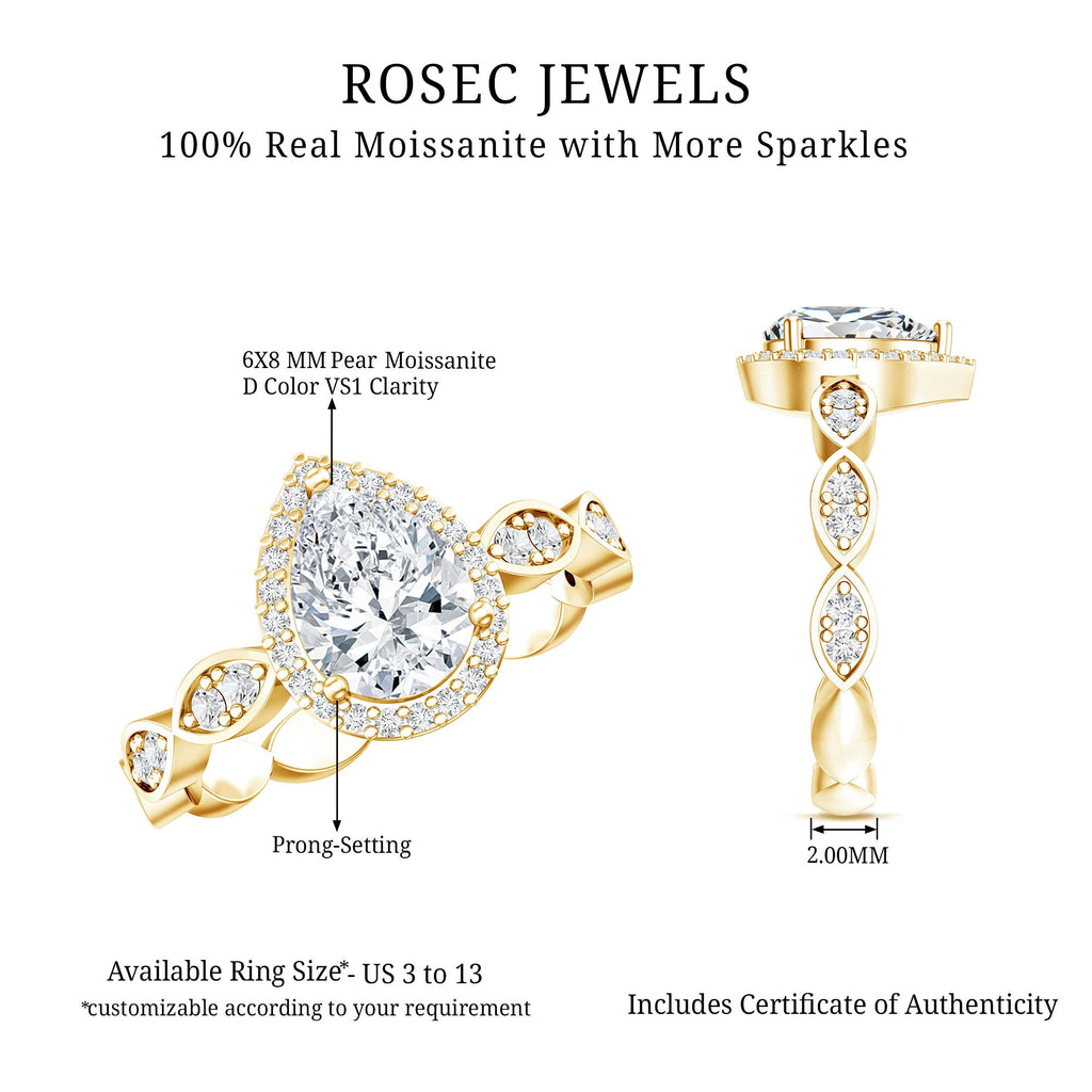 Moissanite Teardrop Ring - 6x8 MM Pear Shape Halo Engagement Band with Scalloped Shank