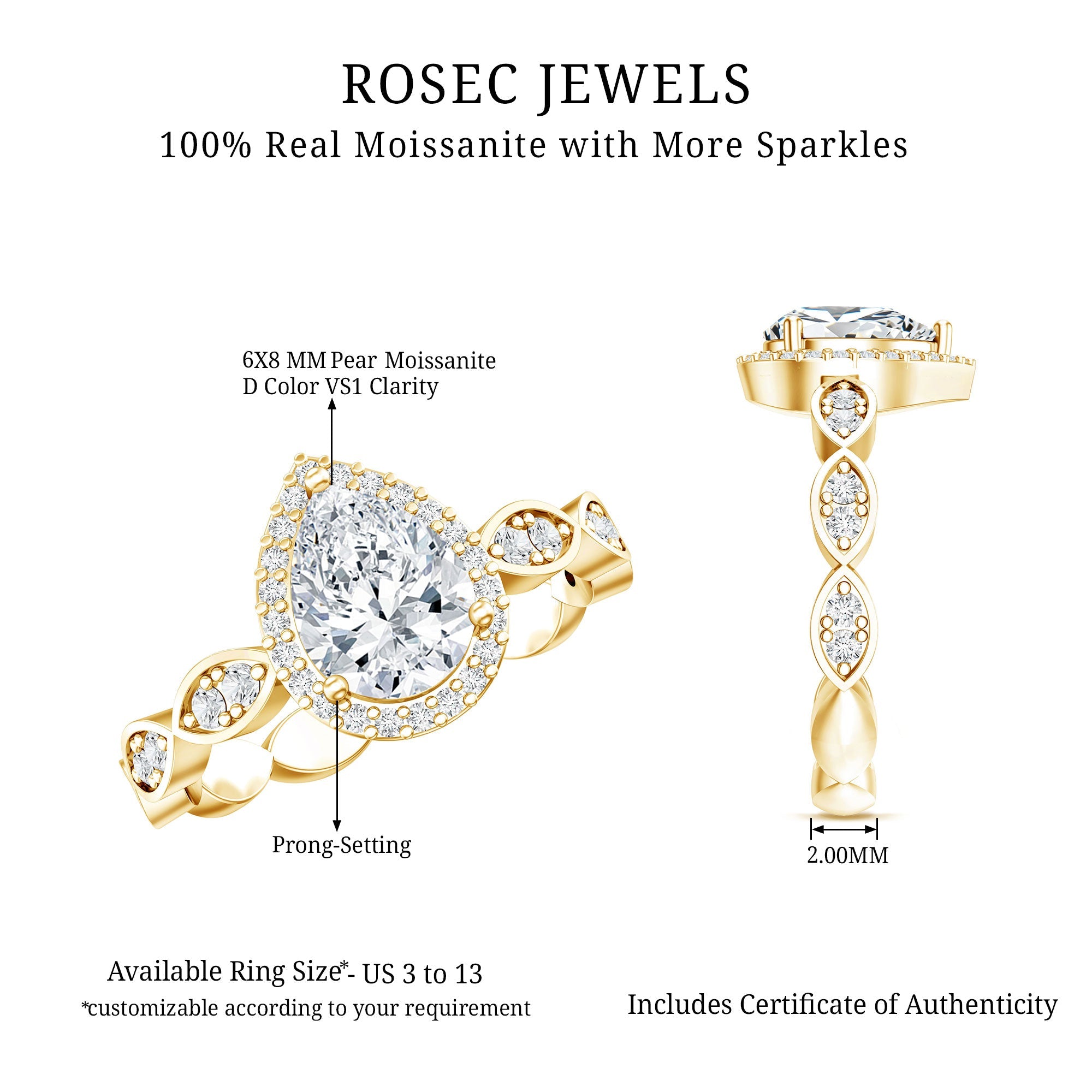 Moissanite Teardrop Ring - 6x8 MM Pear Shape Halo Engagement Band with Scalloped Shank