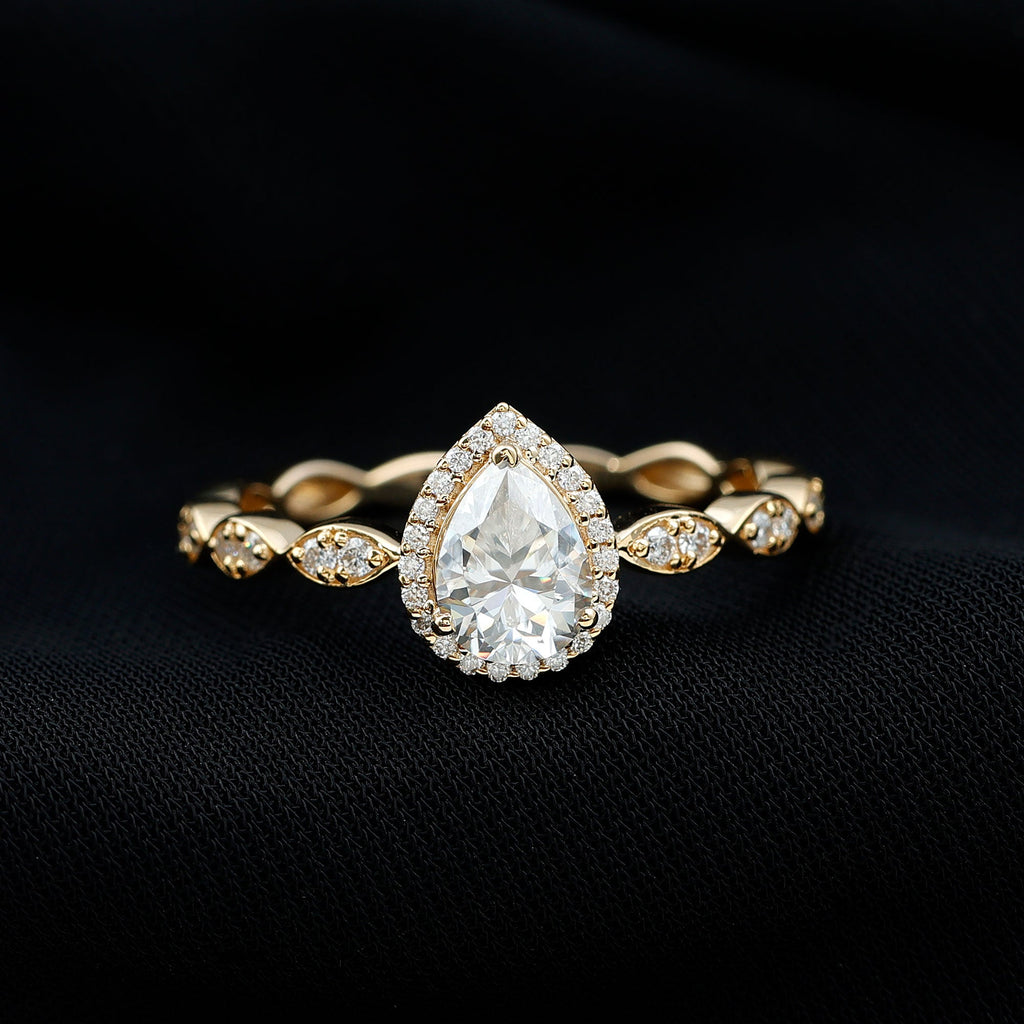 Moissanite Teardrop Ring - 6x8 MM Pear Shape Halo Engagement Band with Scalloped Shank