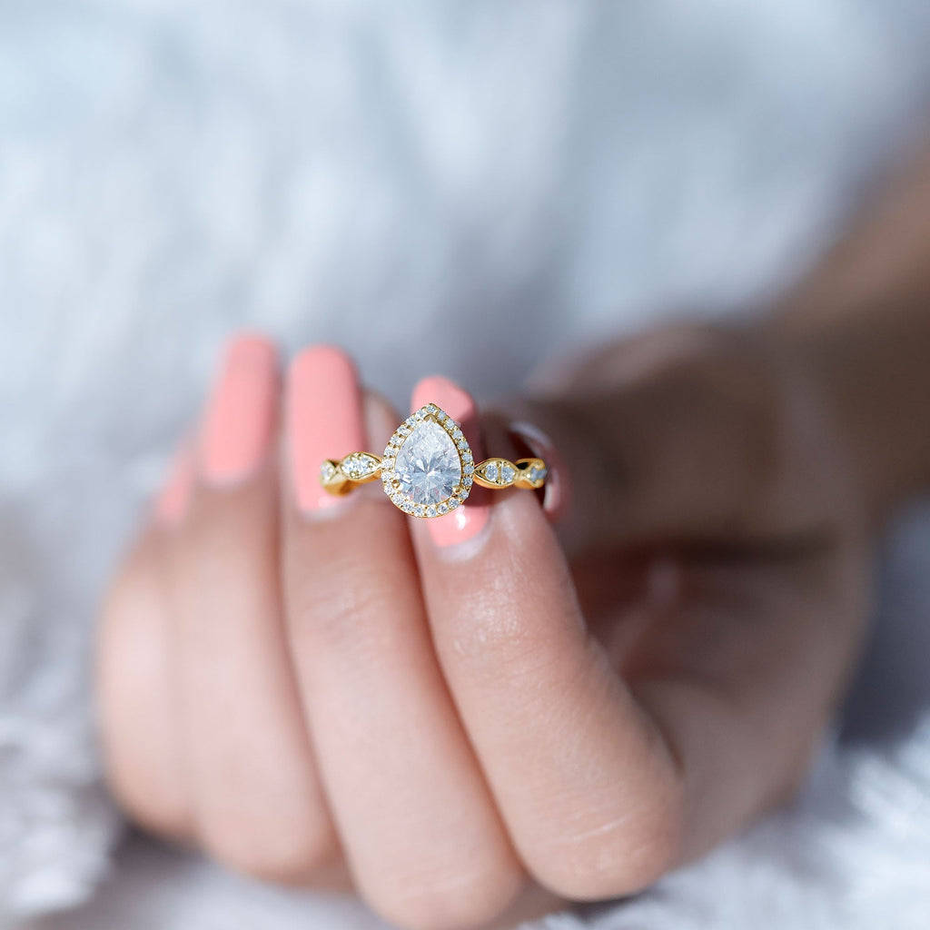 Moissanite Teardrop Ring - 6x8 MM Pear Shape Halo Engagement Band with Scalloped Shank