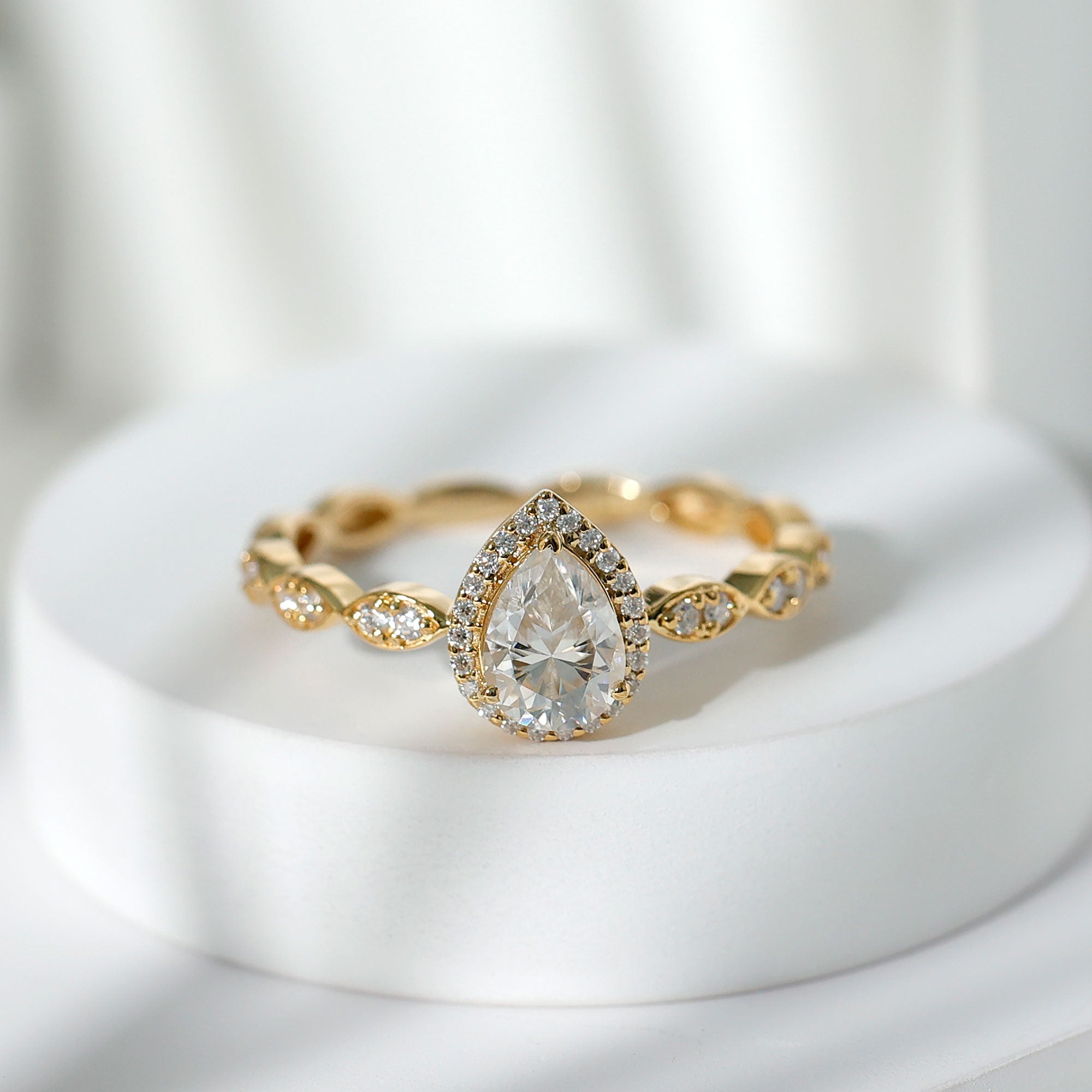 Moissanite Teardrop Ring - 6x8 MM Pear Shape Halo Engagement Band with Scalloped Shank