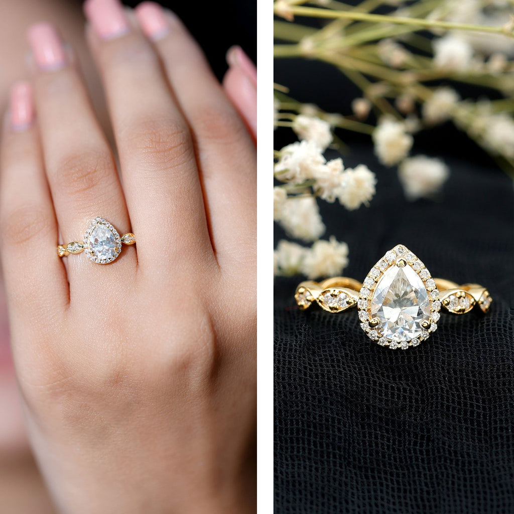 Moissanite Teardrop Ring - 6x8 MM Pear Shape Halo Engagement Band with Scalloped Shank