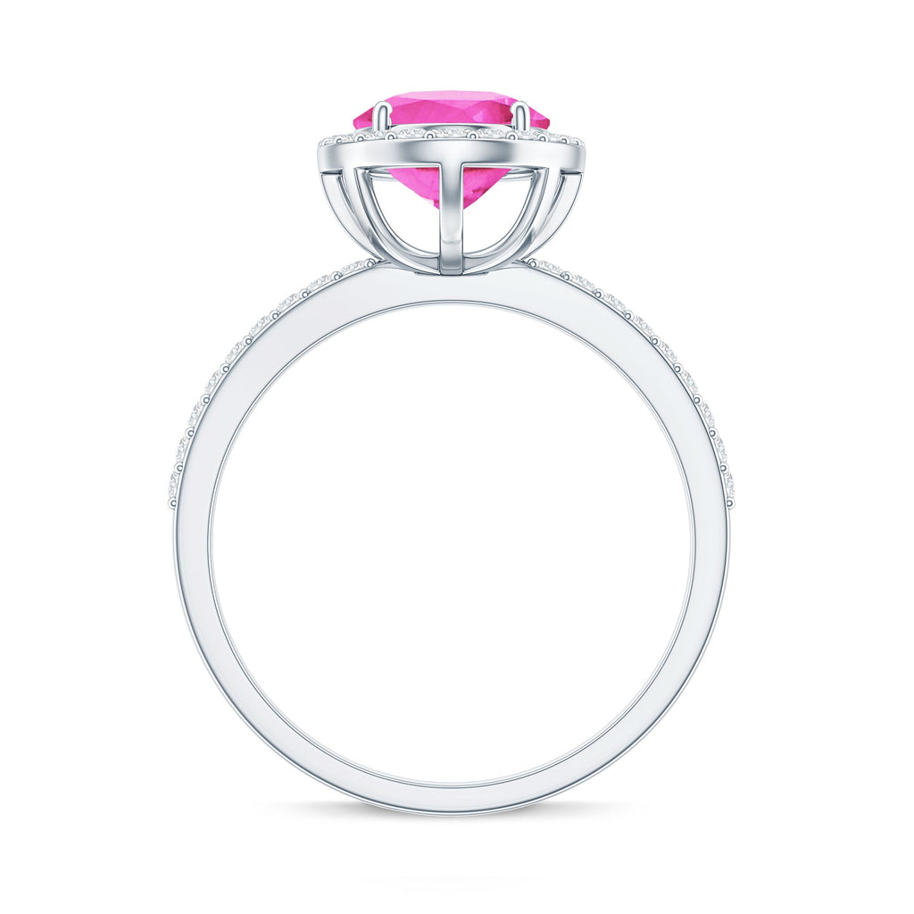 Oval Cut Created Pink Sapphire and Diamond Halo Ring