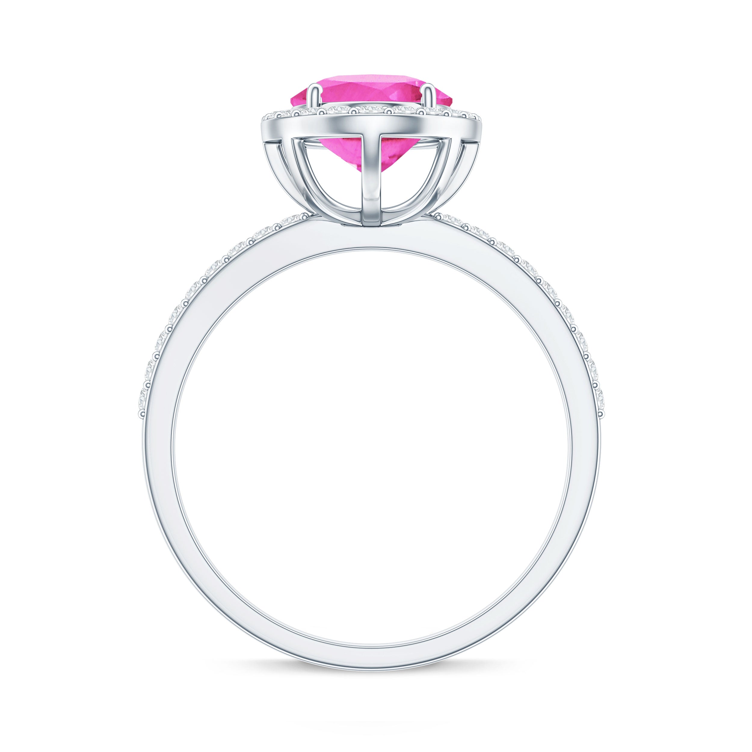 Oval Cut Created Pink Sapphire and Diamond Halo Ring