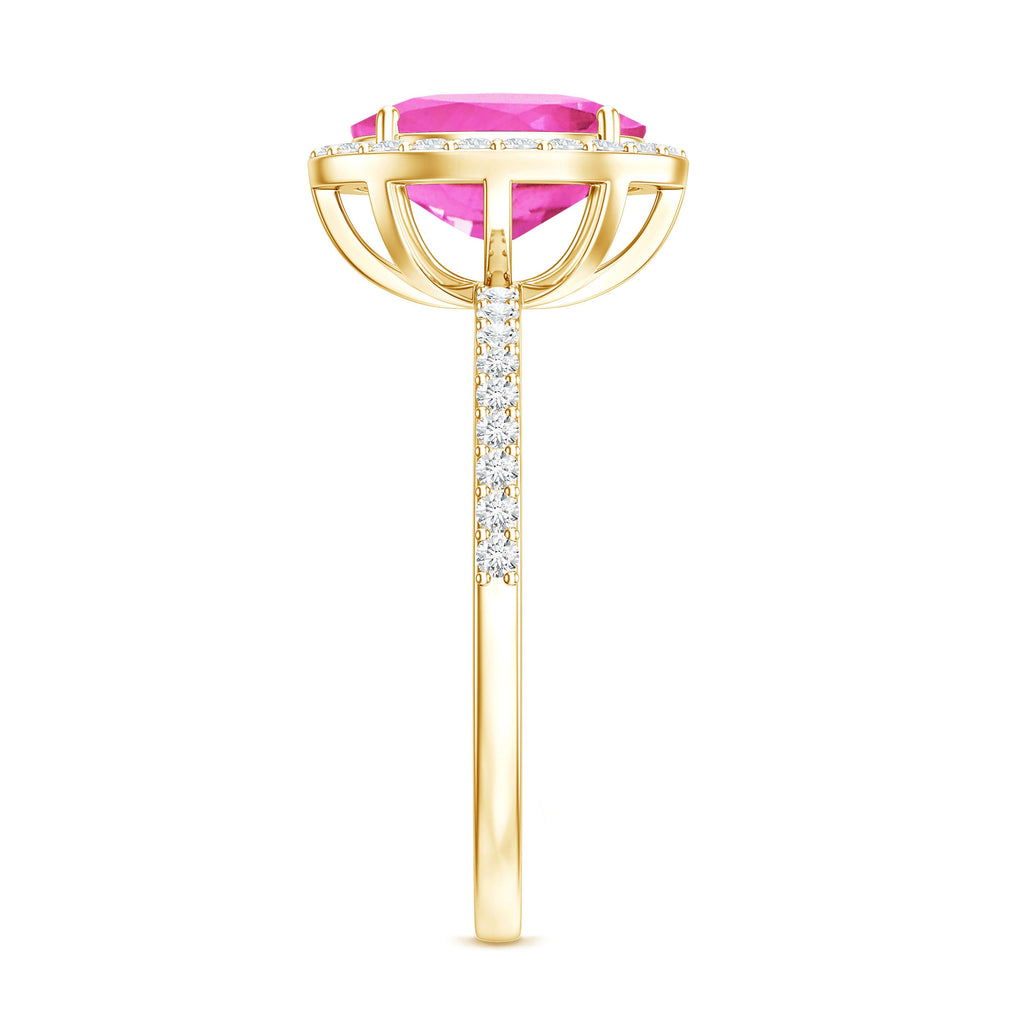 Oval Cut Created Pink Sapphire and Diamond Halo Ring