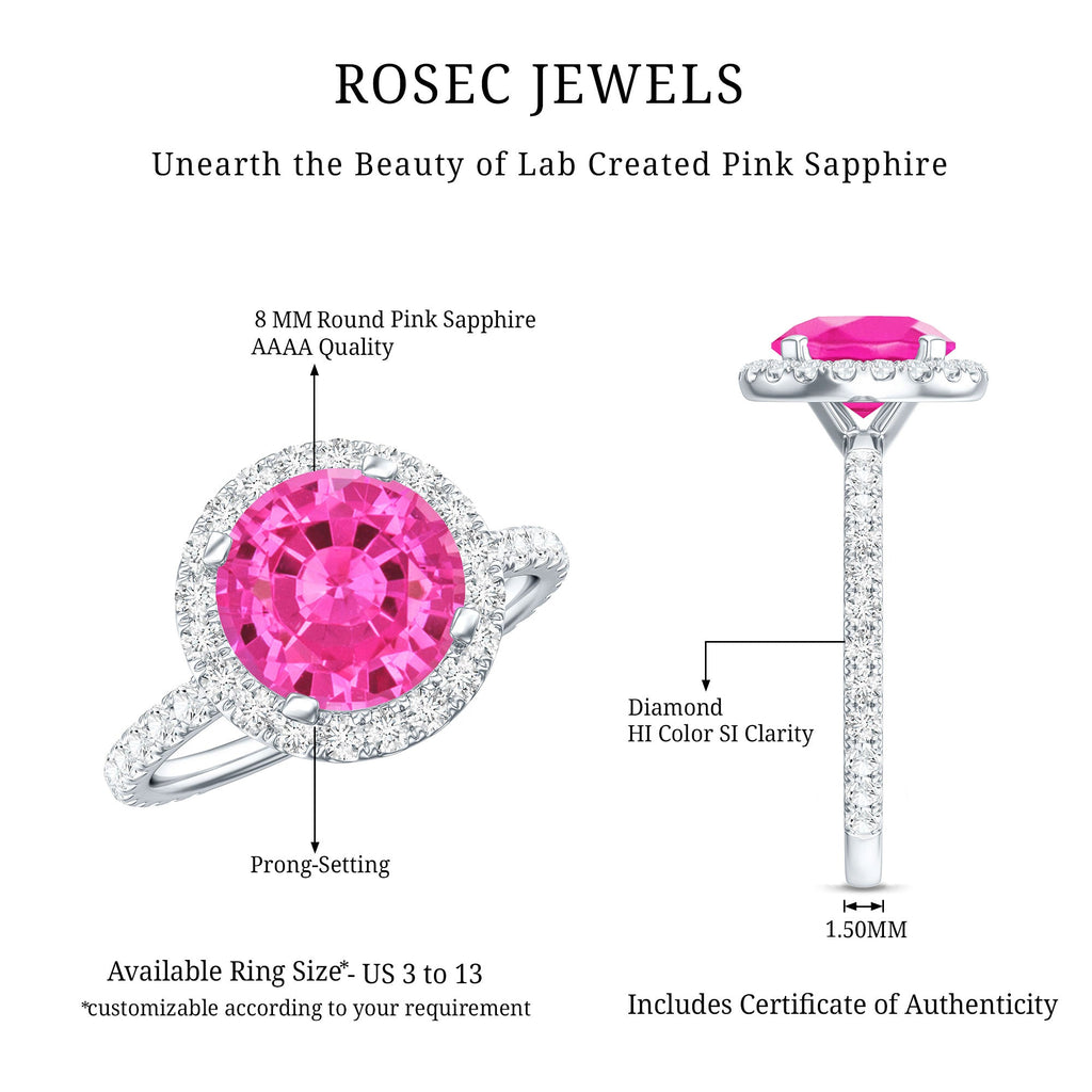 2.25 Carat Round Lab Grown Pink Sapphire and Diamond Engagement Ring