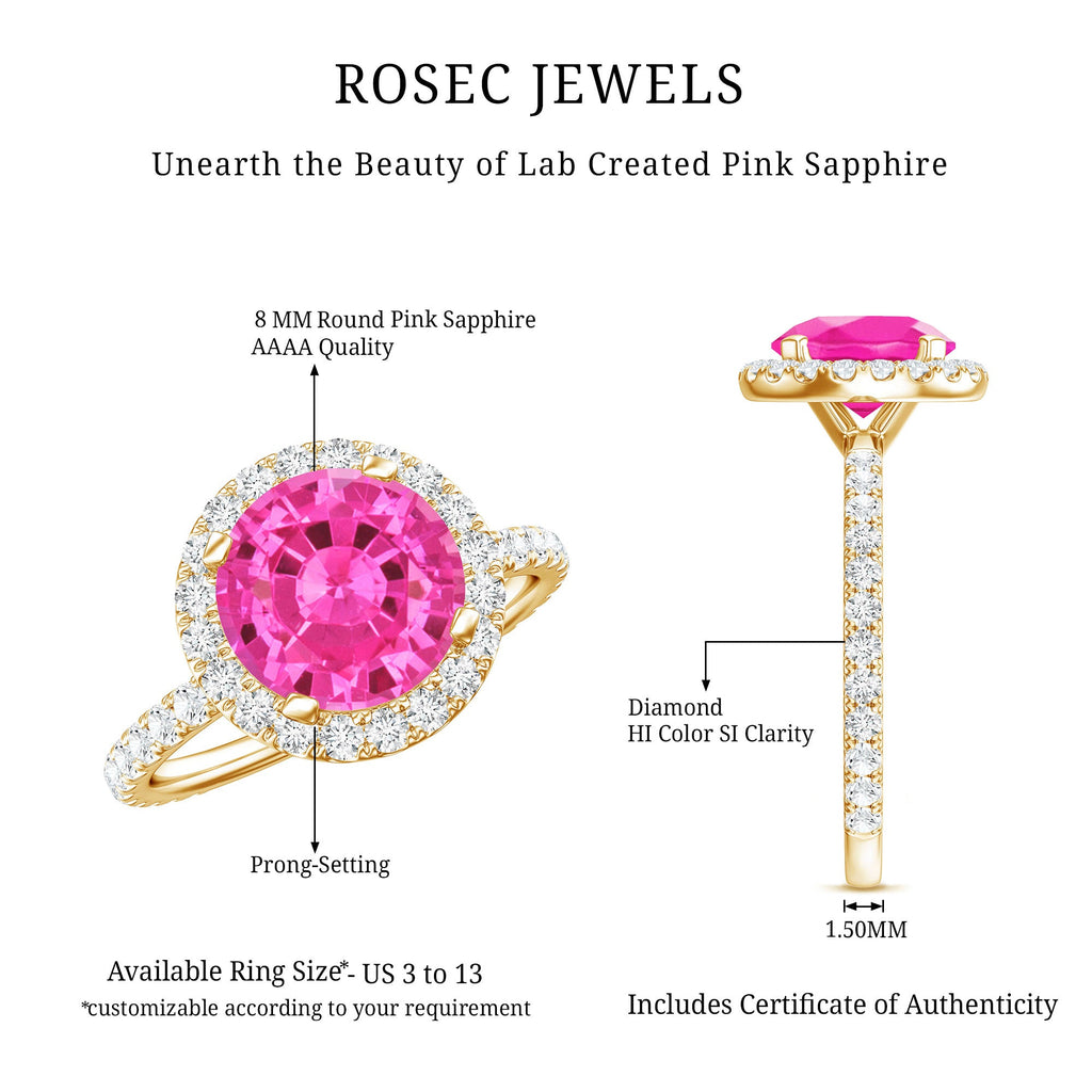 2.25 Carat Round Lab Grown Pink Sapphire and Diamond Engagement Ring
