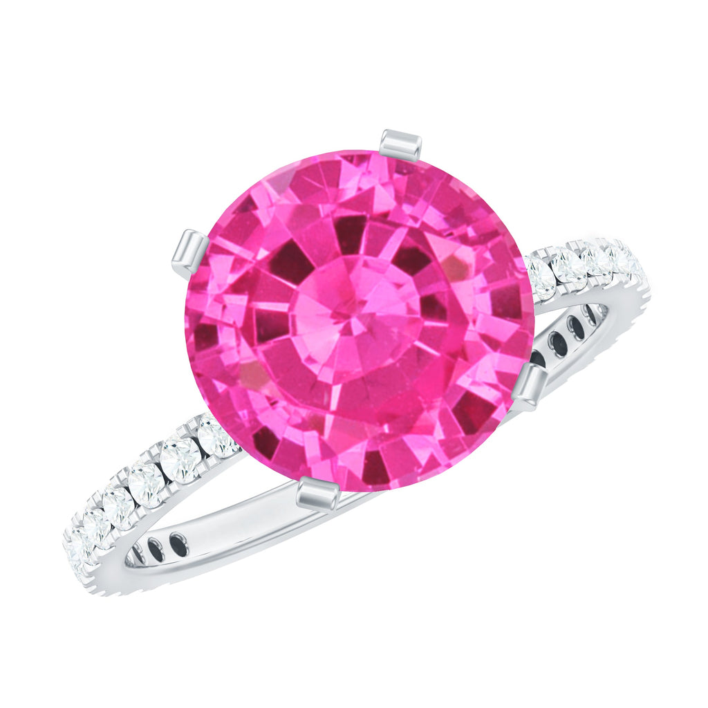 Round Created Pink Sapphire Solitaire Engagement Ring with Diamond