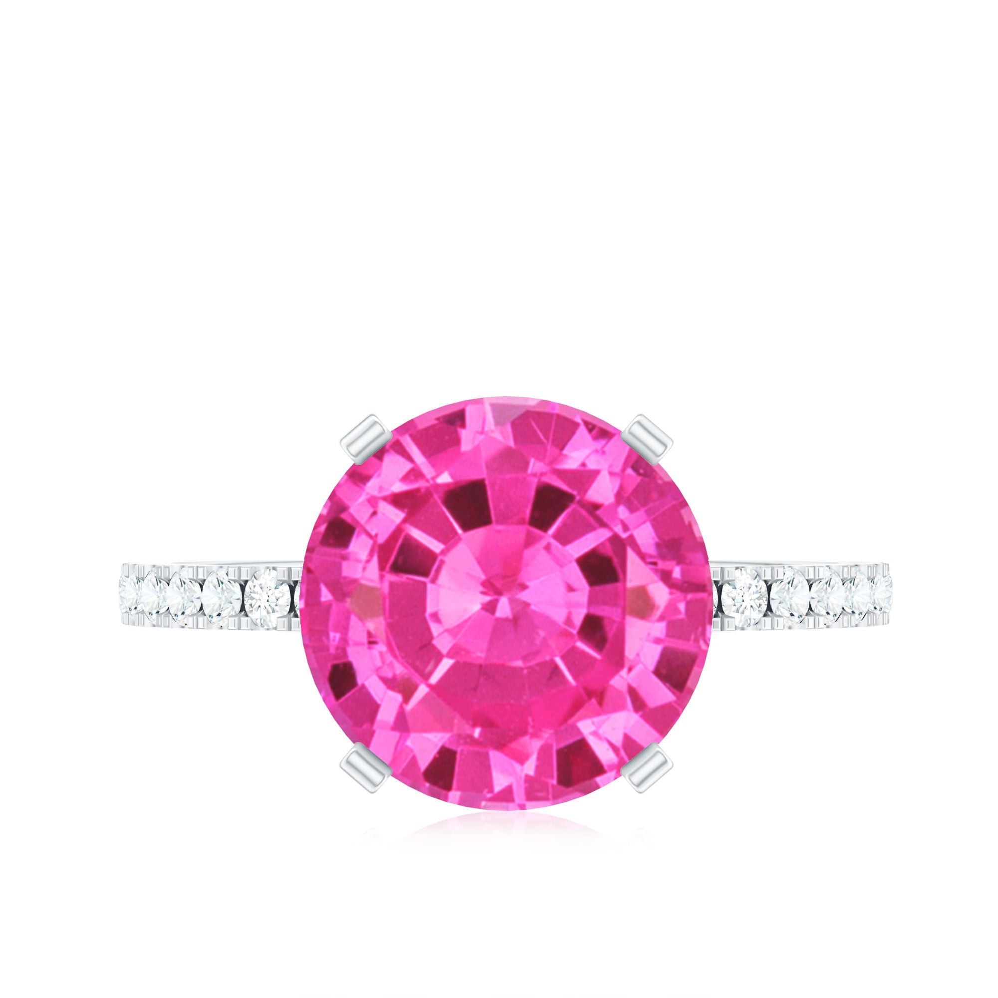 Round created pink sapphire solitaire engagement ring with diamond pavé band