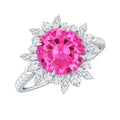 Created Pink Sapphire Cocktail Ring with Moissanite Floral Halo