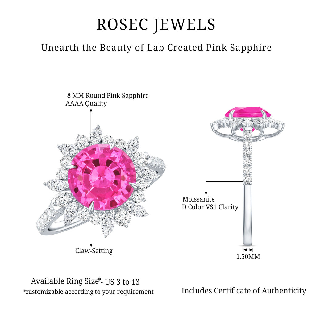 Created Pink Sapphire Cocktail Ring with Moissanite Floral Halo