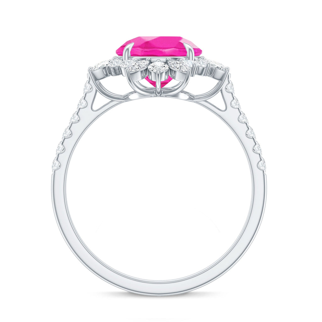 Created Pink Sapphire Cocktail Ring with Moissanite Floral Halo
