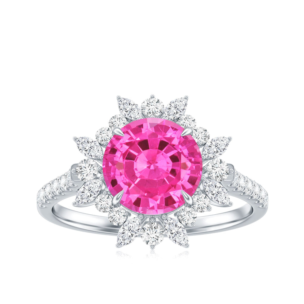 Created Pink Sapphire Cocktail Ring with Moissanite Floral Halo